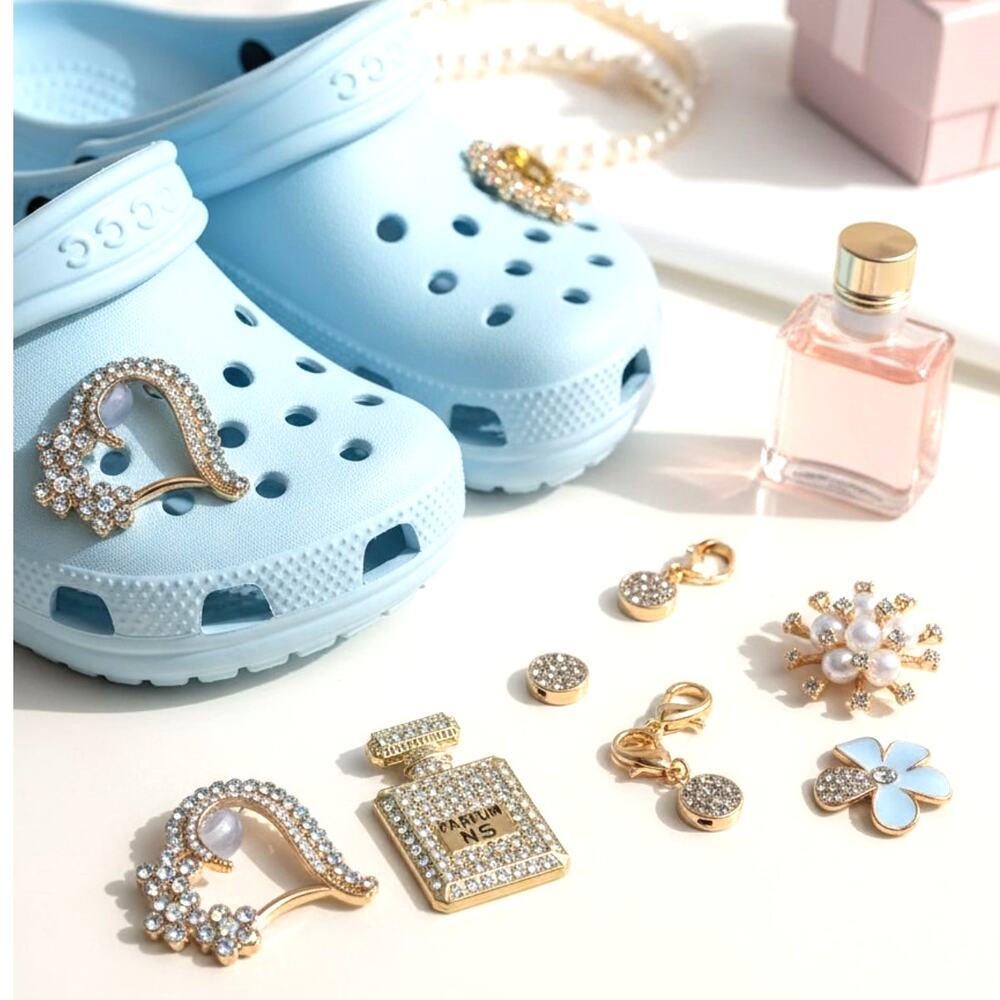 Rhinestone Pearl Shoe Charms Set Perfume Flower Wave Jibbitz Style